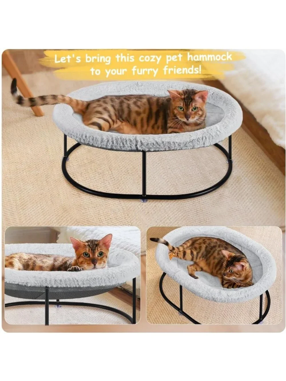 New Elevated Fluffy Cuddle Bed with Detachable Pad for Cats & Small Dogs, Grey